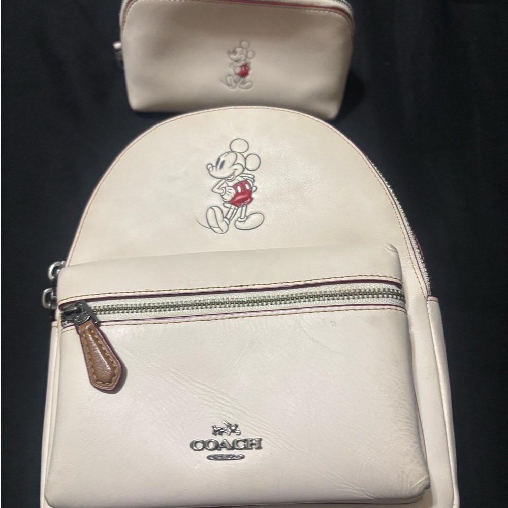 Coach Cream Backpack and Pouch with Mickey Mouse